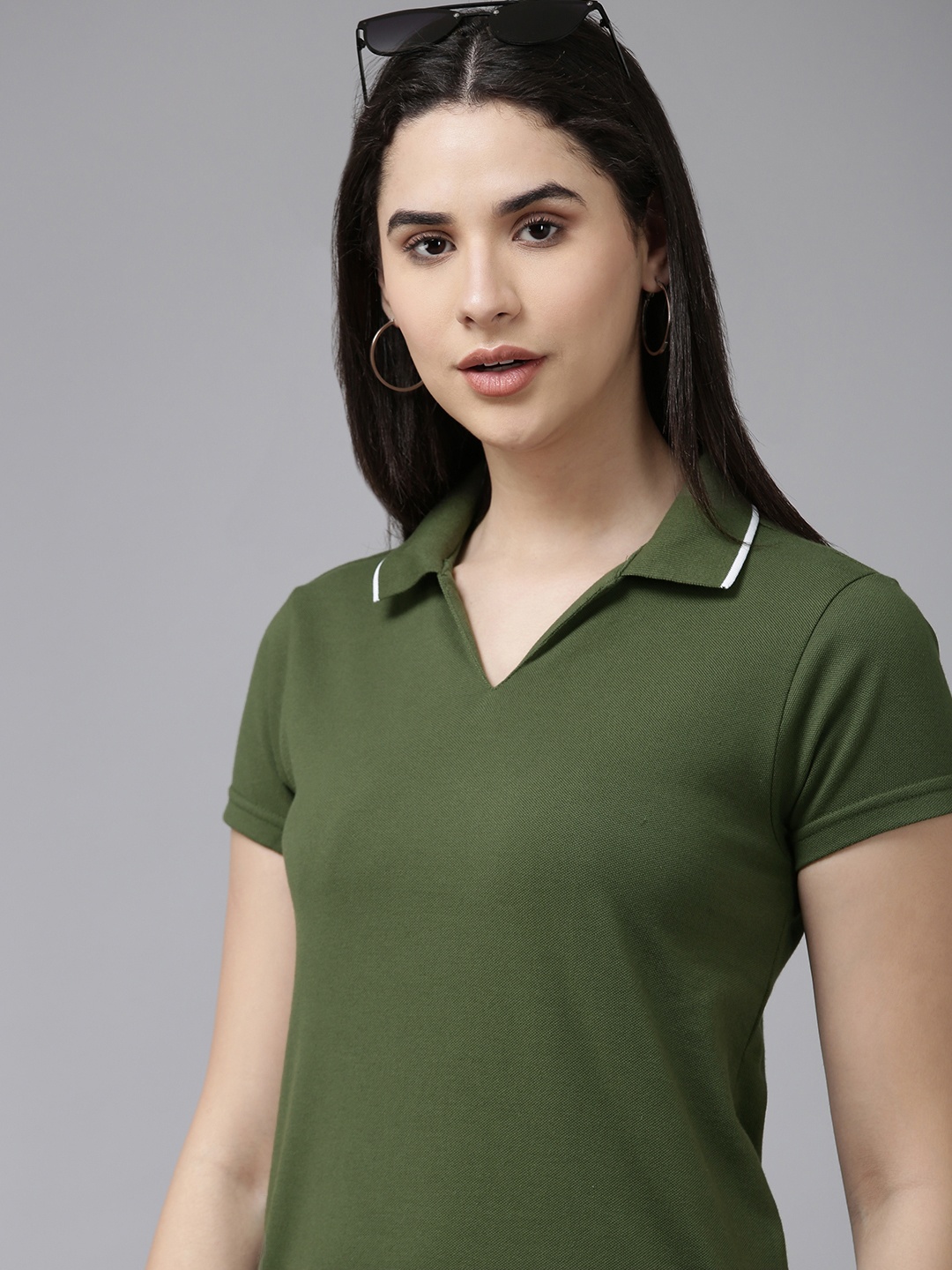 

Van Heusen Woman Women Solid Polo Collar Knitted T-shirt, Olive