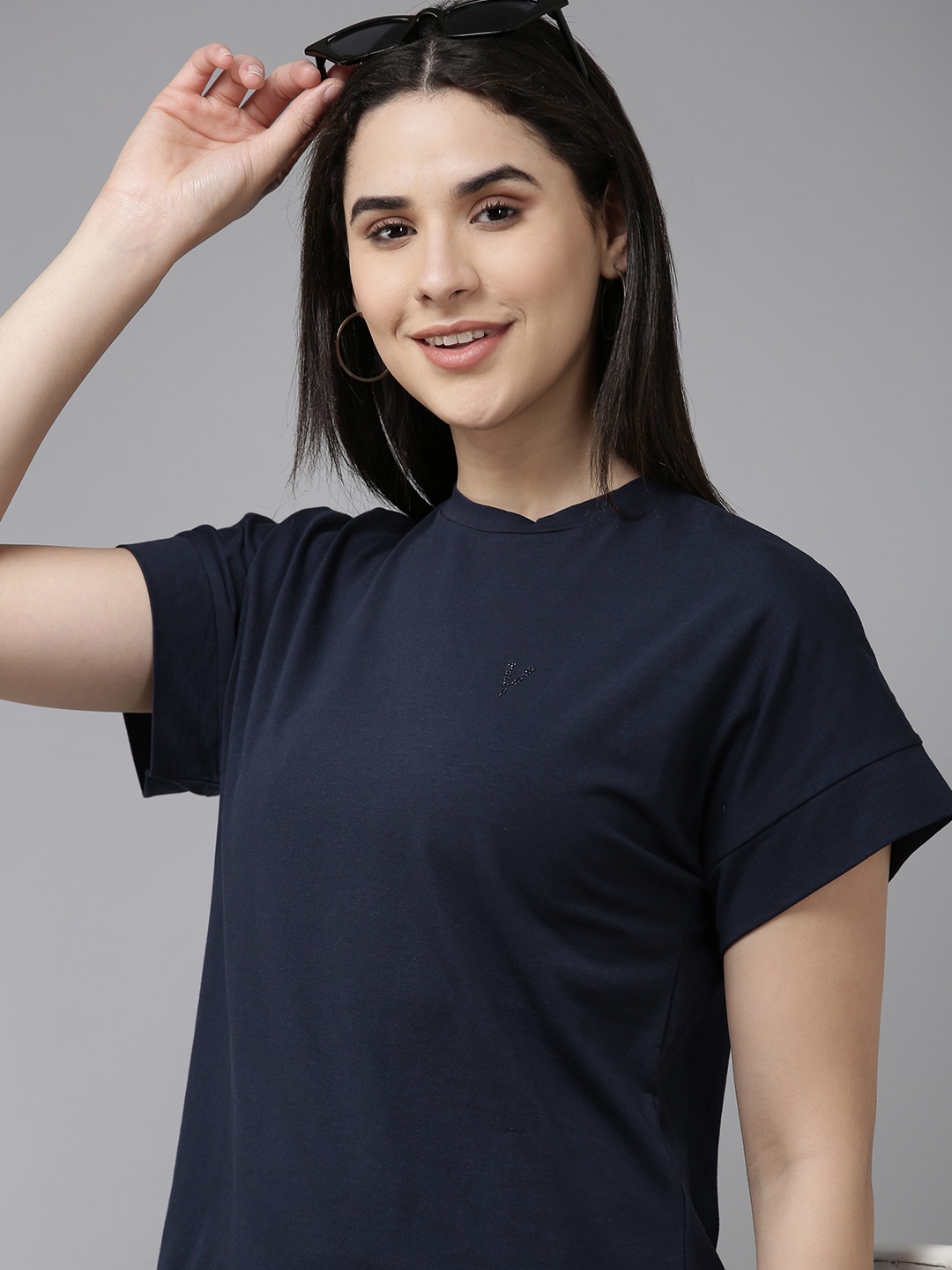 

Van Heusen Woman Women Solid Extended Sleeves Indigo T-shirt With Embellished Detail, Navy blue