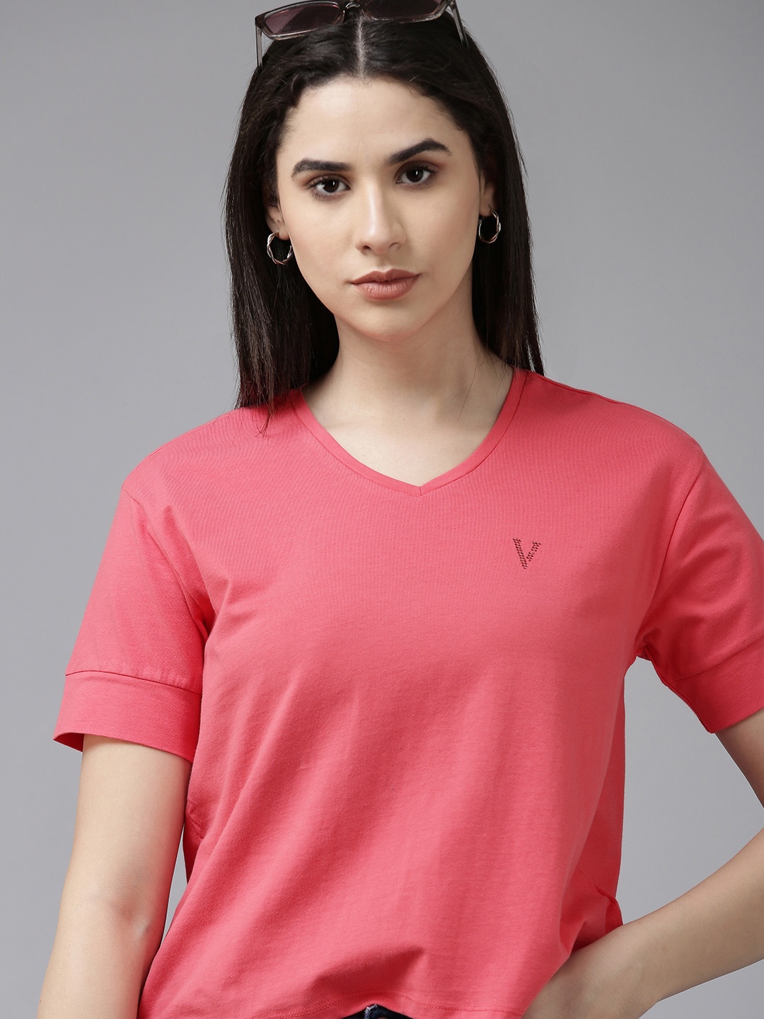 

Van Heusen Woman Solid V-Neck Applique Casual T-shirt, Coral