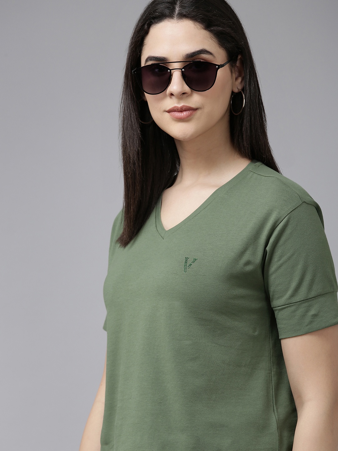 

Van Heusen Woman Women Solid V-Neck Knitted T-shirt With Embellished Detail, Olive