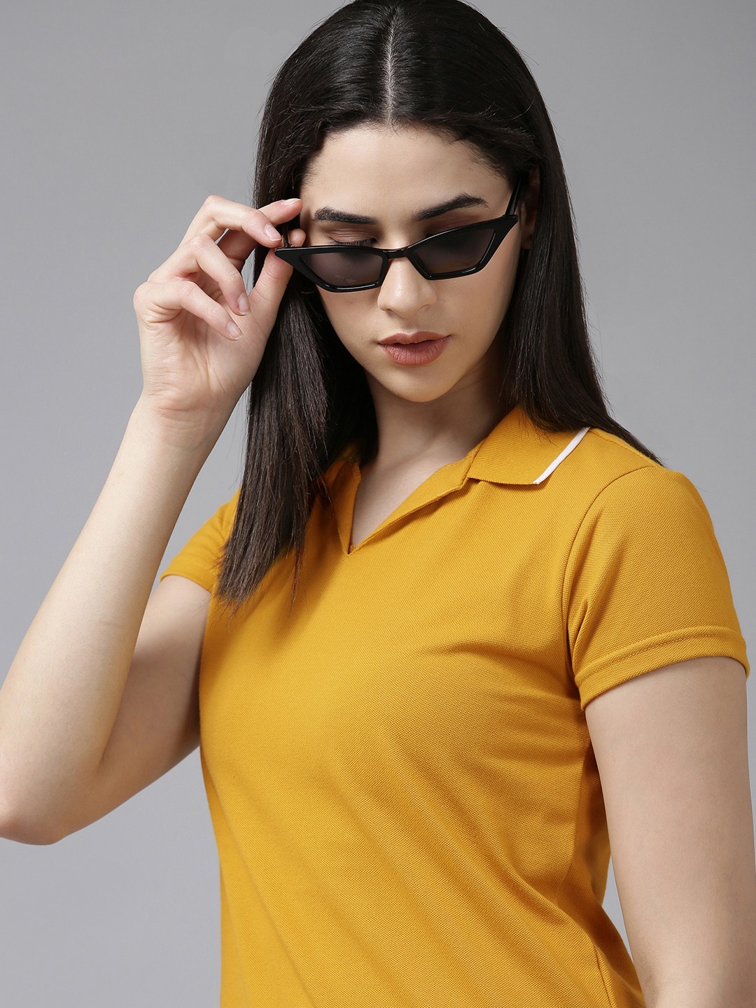 

Van Heusen Woman Solid Polo Collar Casual T-shirt, Mustard