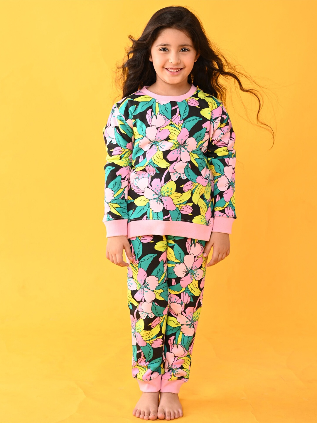 

Anthrilo Girls Black & Pink Purple Shades Floral Sweatshirt Jogger Set