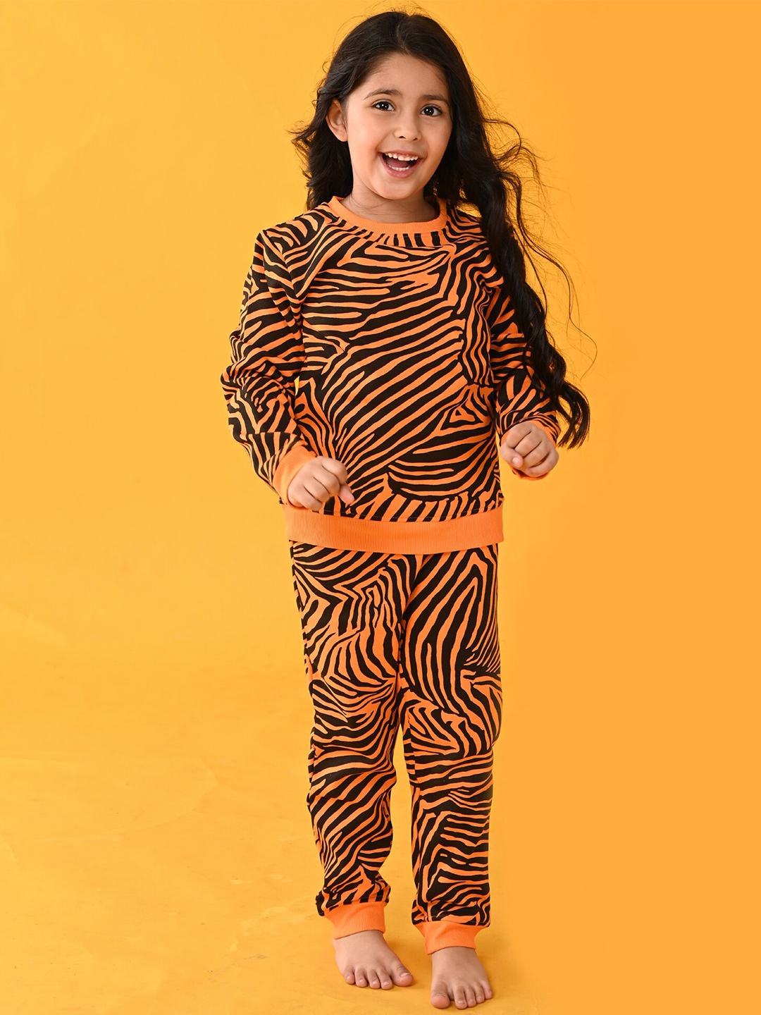 

Anthrilo Girls Orange & Black Animal Printed Fleece Sweatshirt With Joggers