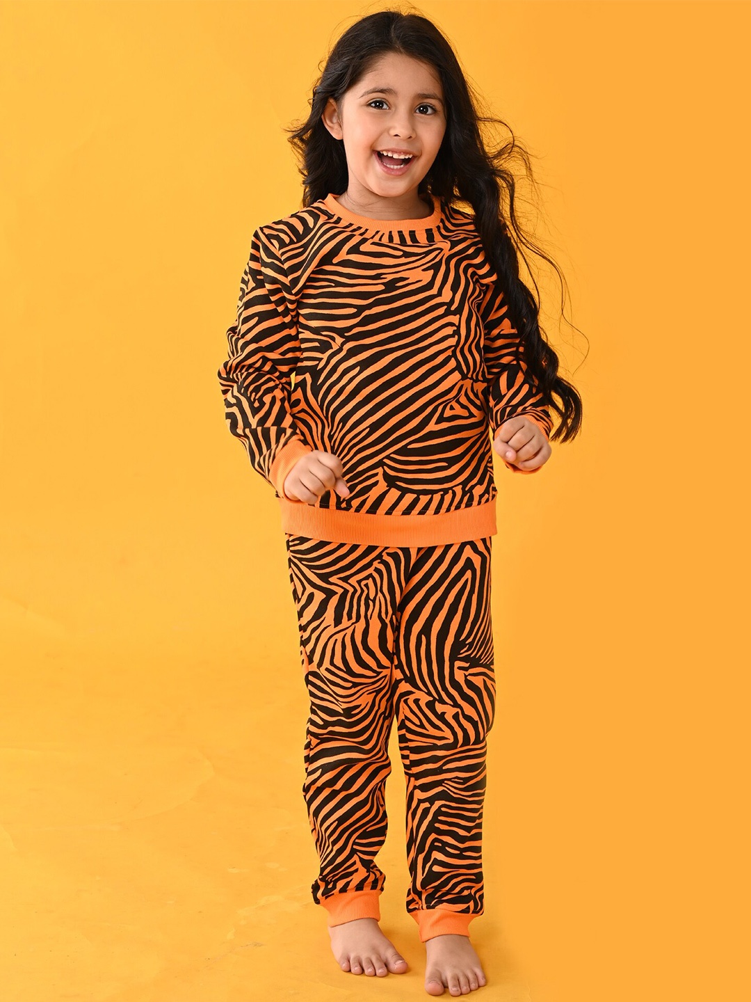 

Anthrilo Girls Orange & Black Zebra Striped Fleece Sweatshirt Jogger Set