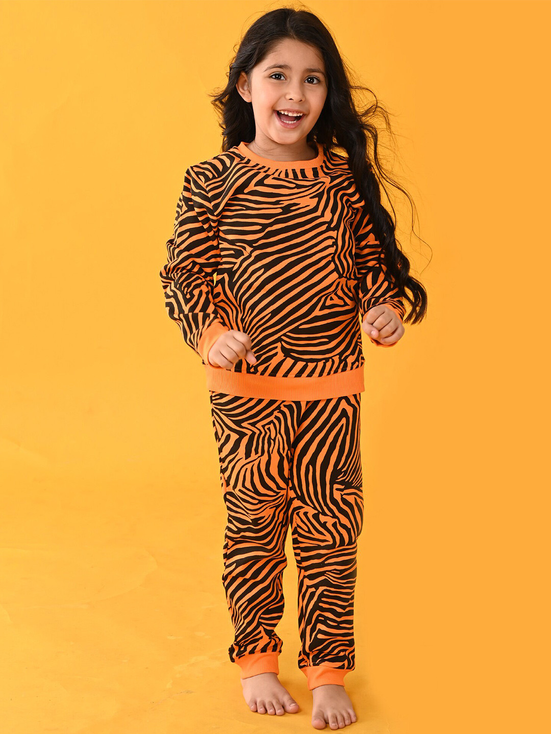 

Anthrilo Girls Orange & Black Zebra Striped Fleece Sweatshirt & Joggers Set