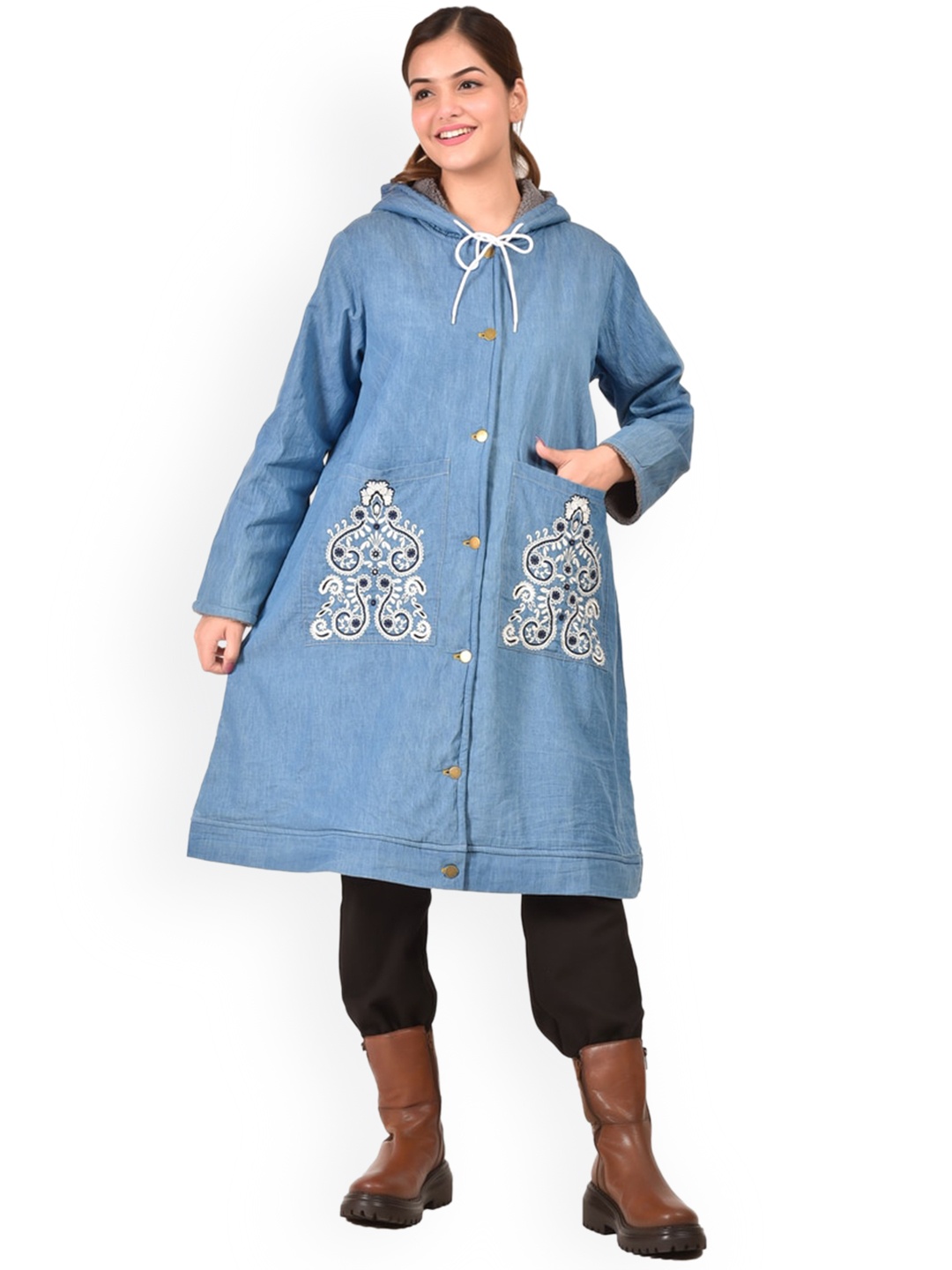 

SUMAVI-FASHION Women Blue White Floral Embroidered Cotton Longline Open Front Jacket