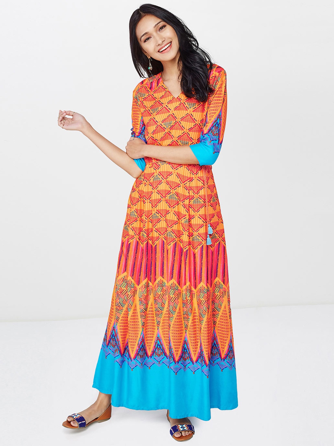 

Global Desi Women Orange Printed Maxi Dress