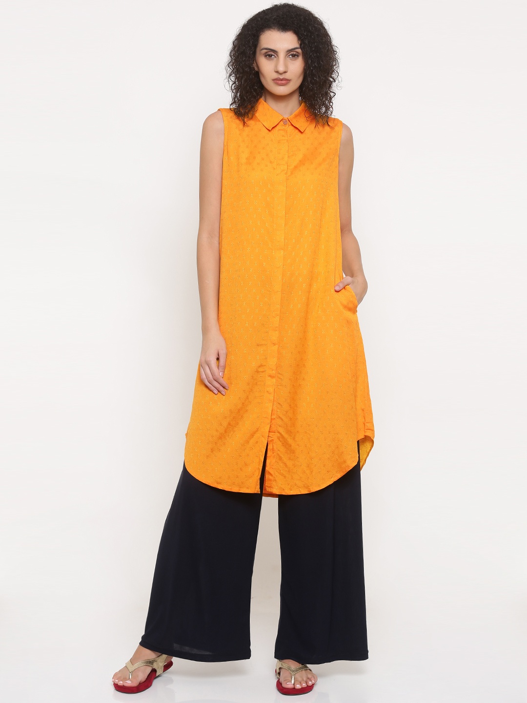 

Global Desi Women Orange Woven Design Straight Kurta