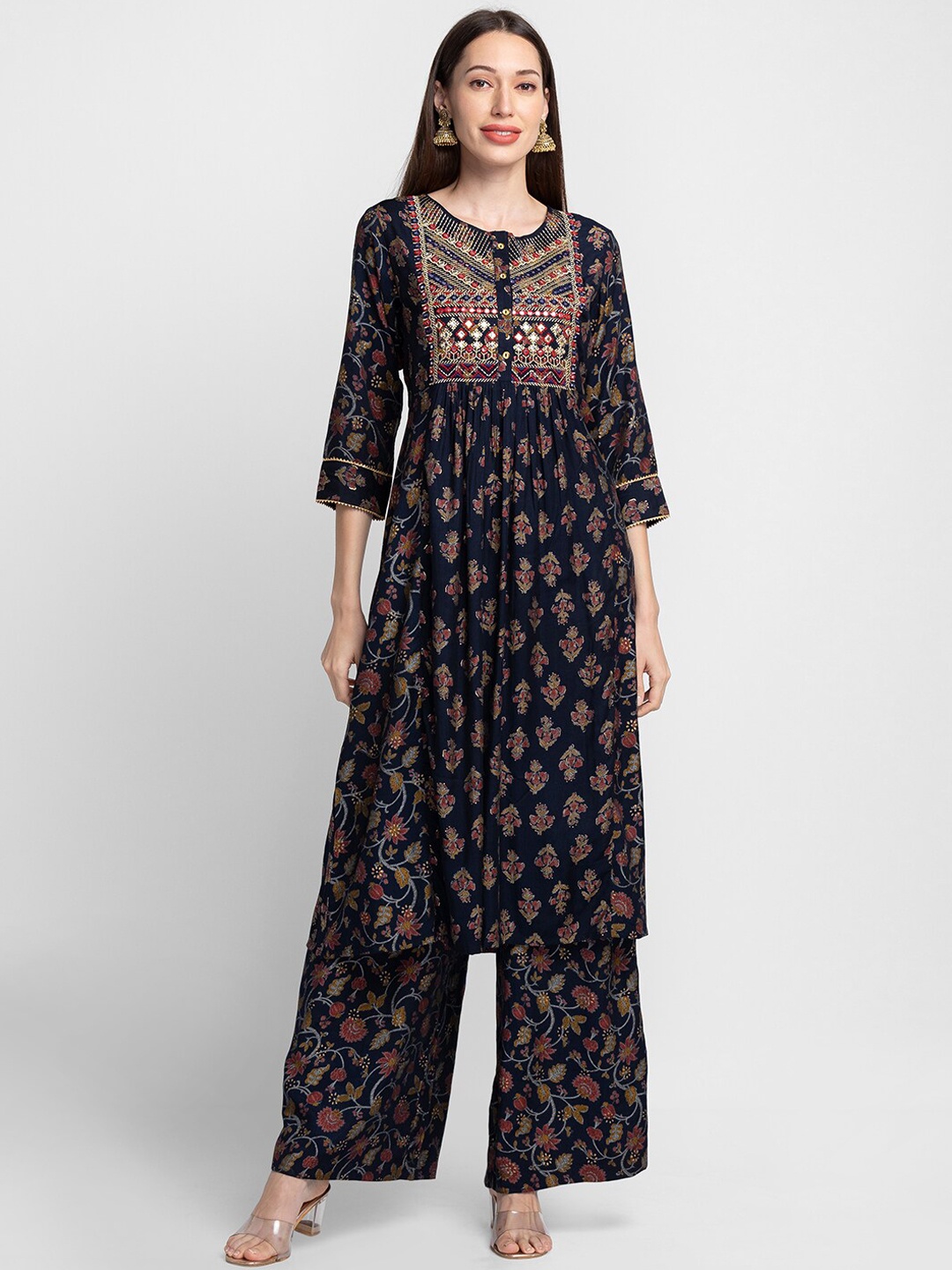 

Globus Women Navy Blue Floral Embroidered Mirror Work Kurta With Palazzos