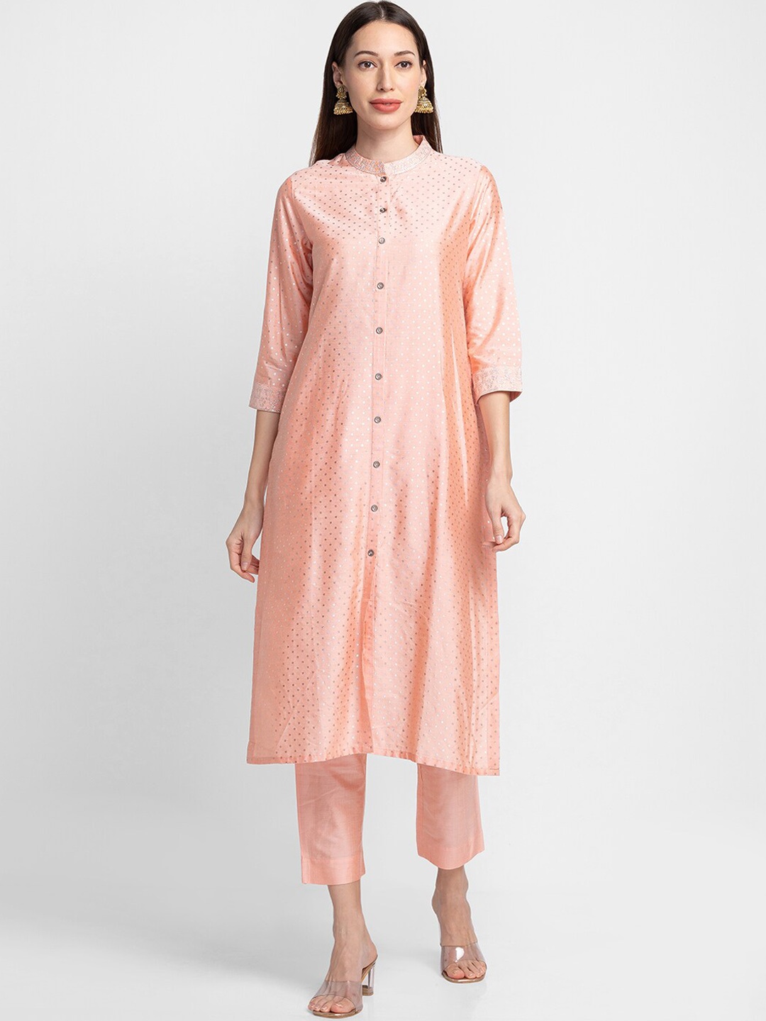 

Globus Women Peach-Coloured Printed Kurta With Trousers