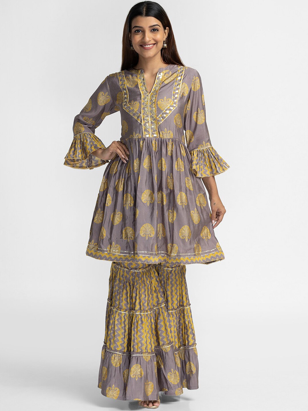 

Globus Women Taupe Ethnic Motifs Printed Gotta Patti Kurta With Sharara