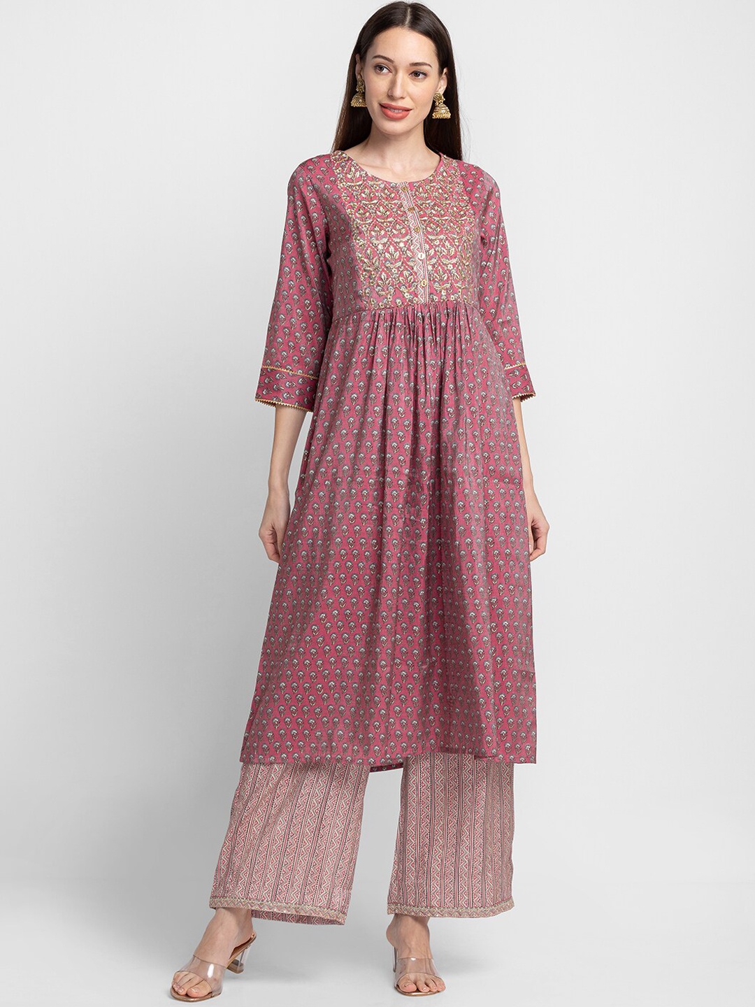 

Globus Women Pink Ethnic Motifs Embroidered Thread Work Kurta With Palazzos