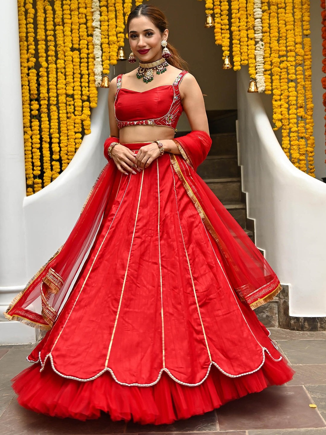 

Lavanya The Label Red & Gold-Toned Embellished Beads and Stones Ready to Wear Lehenga & Blouse With Dupatta
