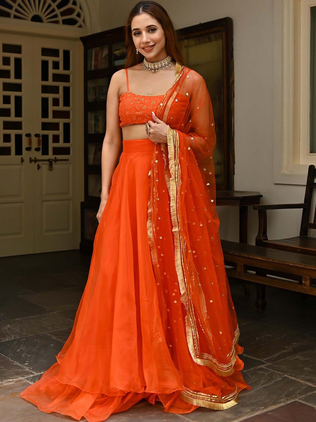 

Lavanya The Label Orange & Gold-Toned Embroidered Thread Work Ready to Wear Lehenga & Blouse With Dupatta
