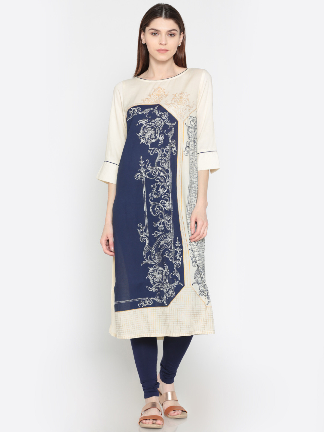 

AURELIA Women Off-White & Navy Printed Straight Kurta