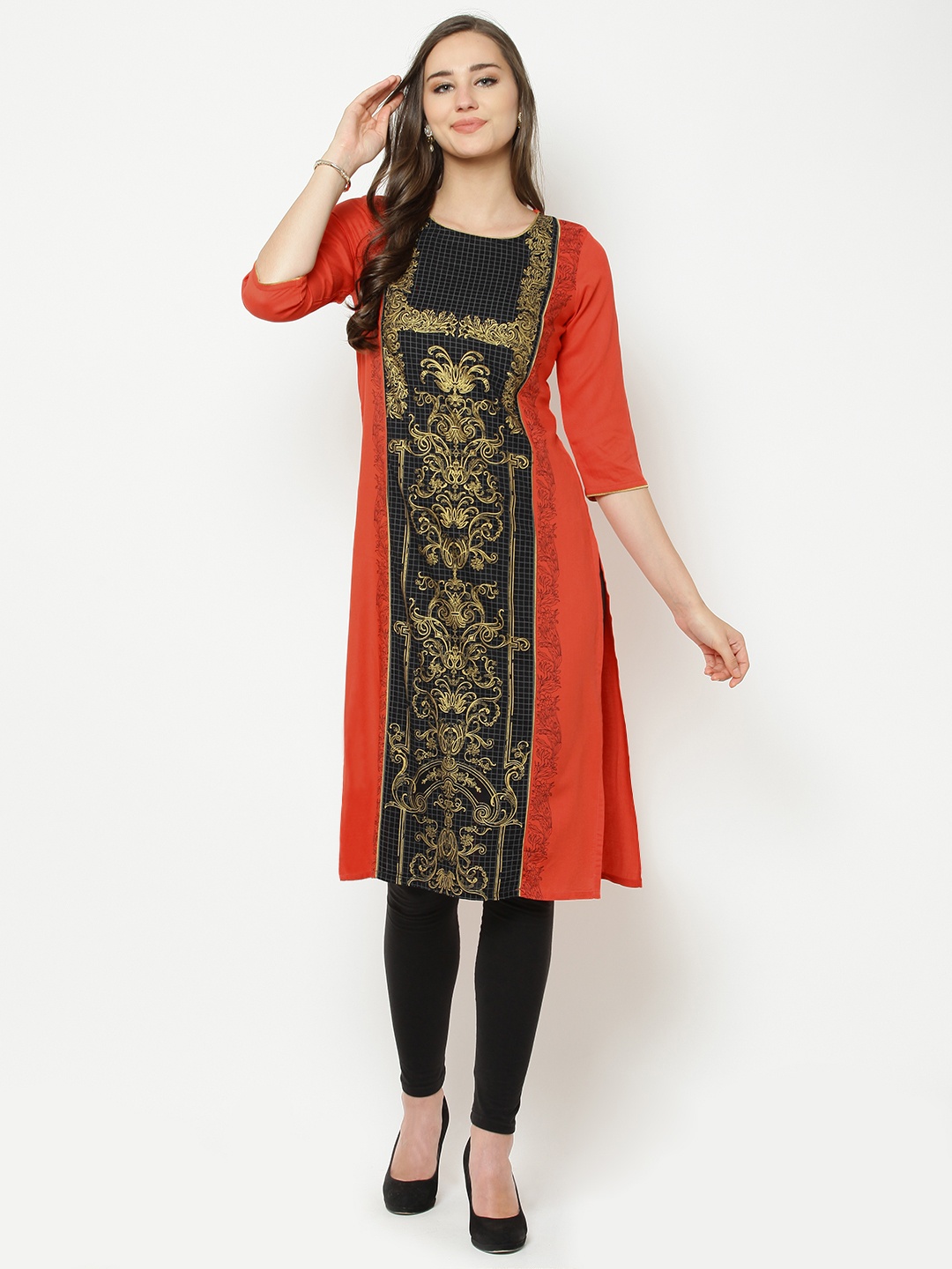 

AURELIA Women Orange & Black Printed Straight Kurta