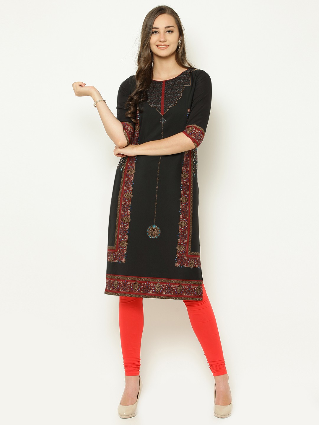

AURELIA Women Black Printed Straight Kurta