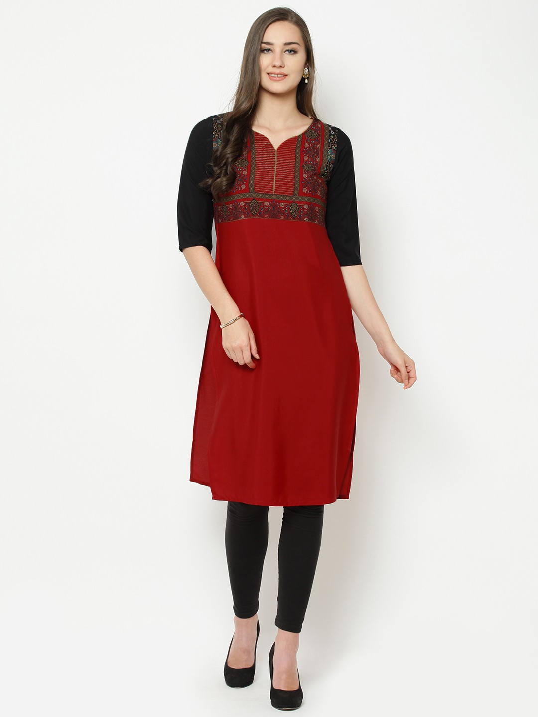 

AURELIA Women Maroon Printed Straight Kurta