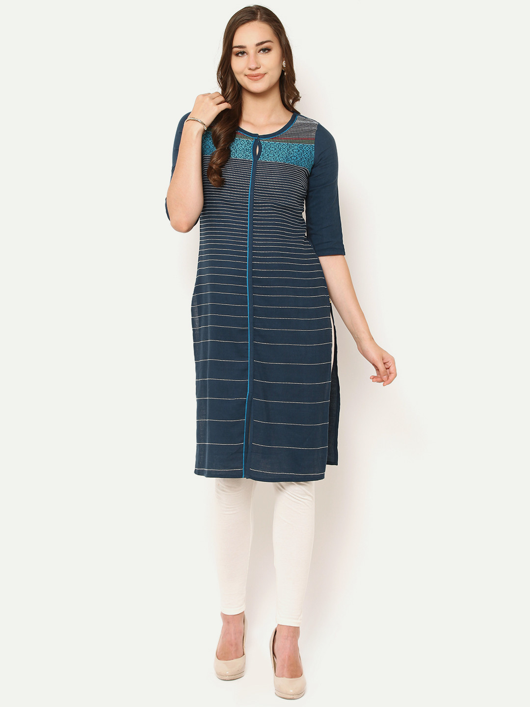

AURELIA Women Blue Striped Straight Kurta