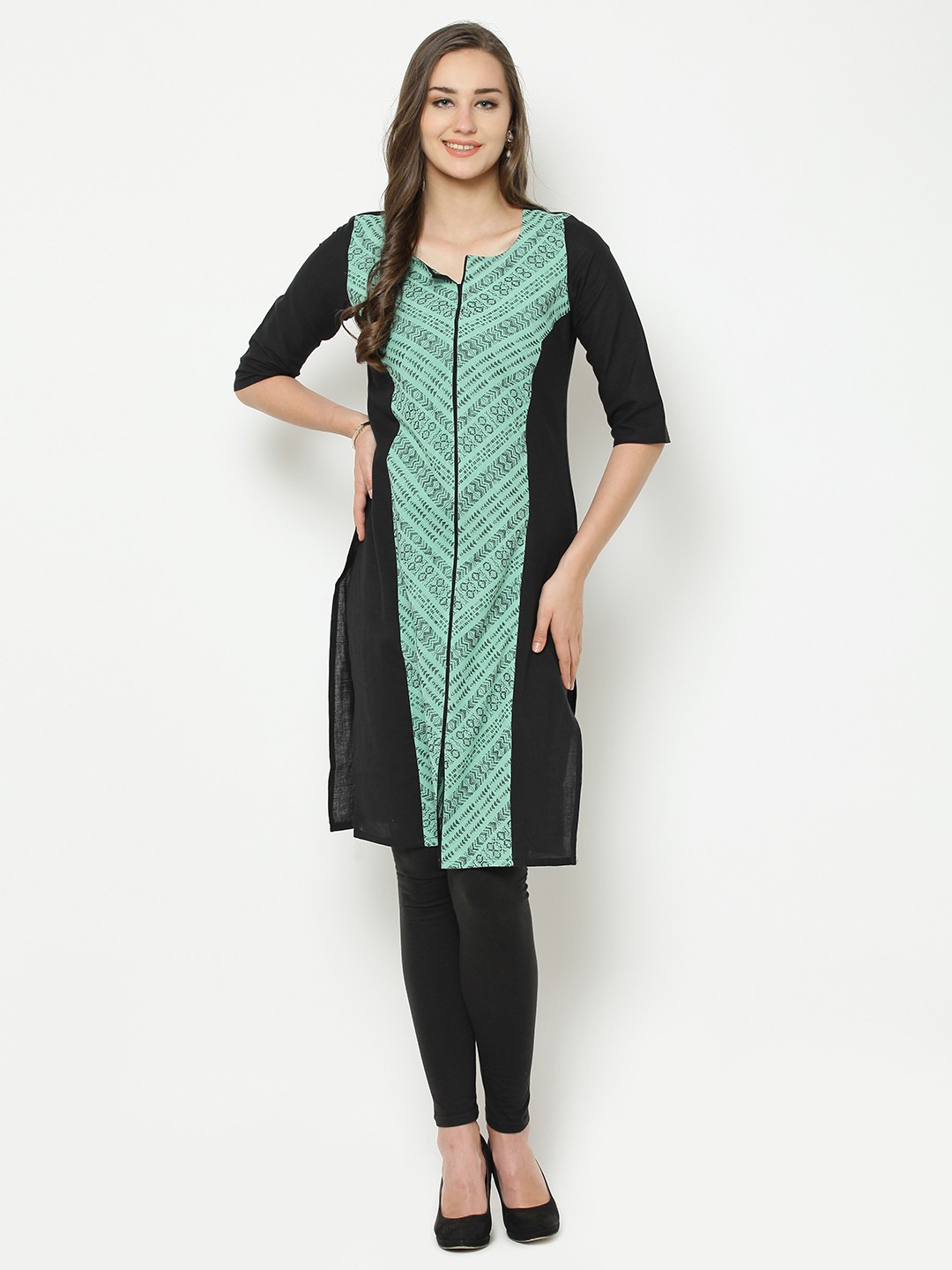 

AURELIA Women Mint Green & Black Woven Design Straight Kurta