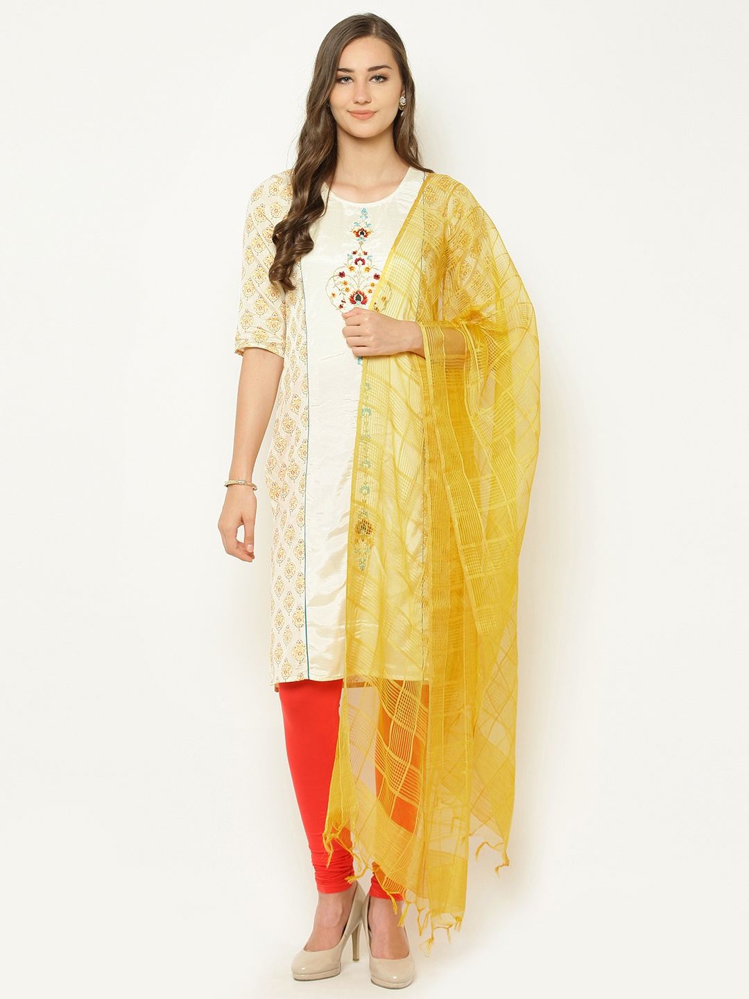 

AURELIA Yellow Self-Checked Dupatta