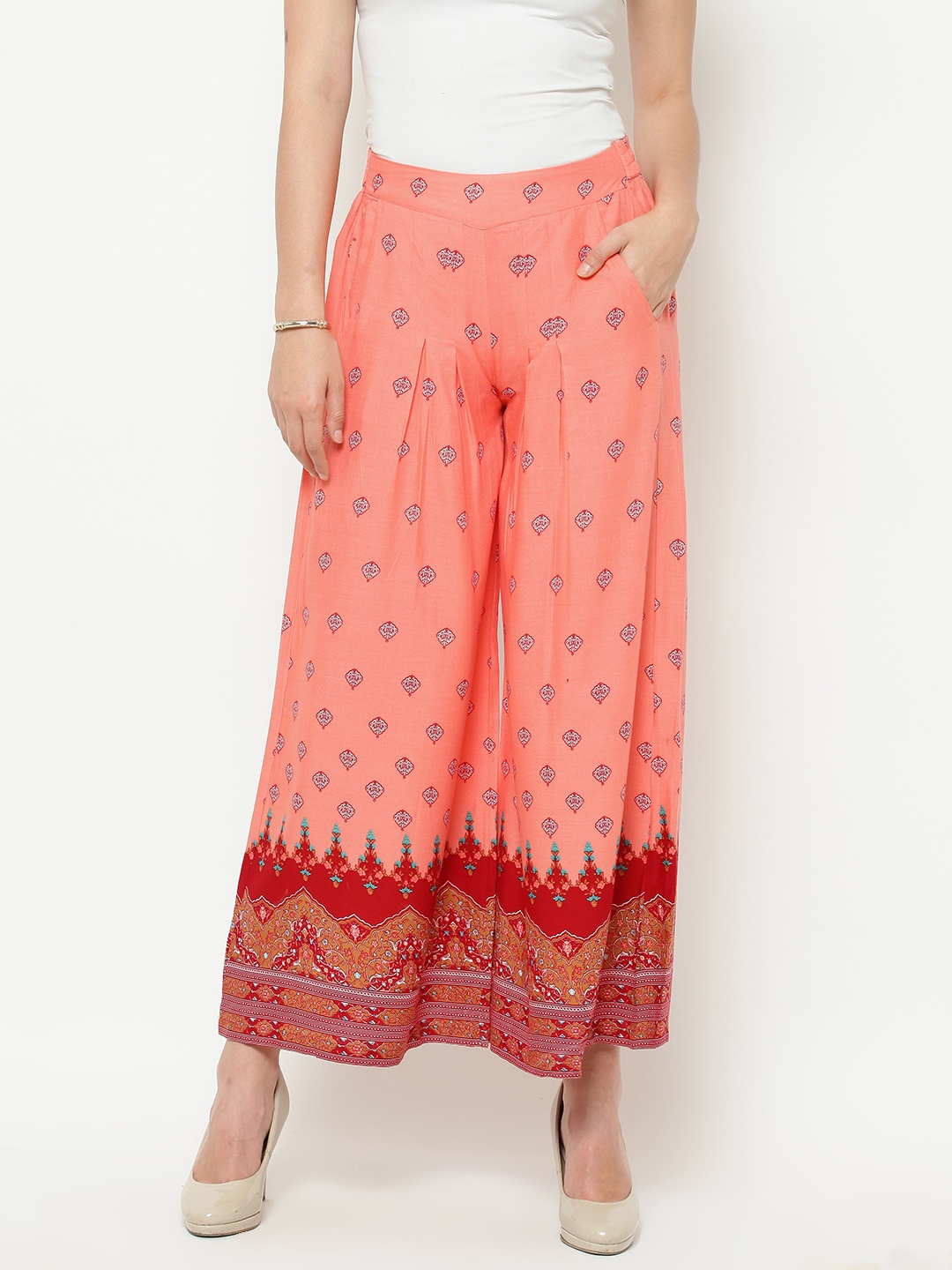 

AURELIA Women Peach-Coloured Printed Flared Palazzos