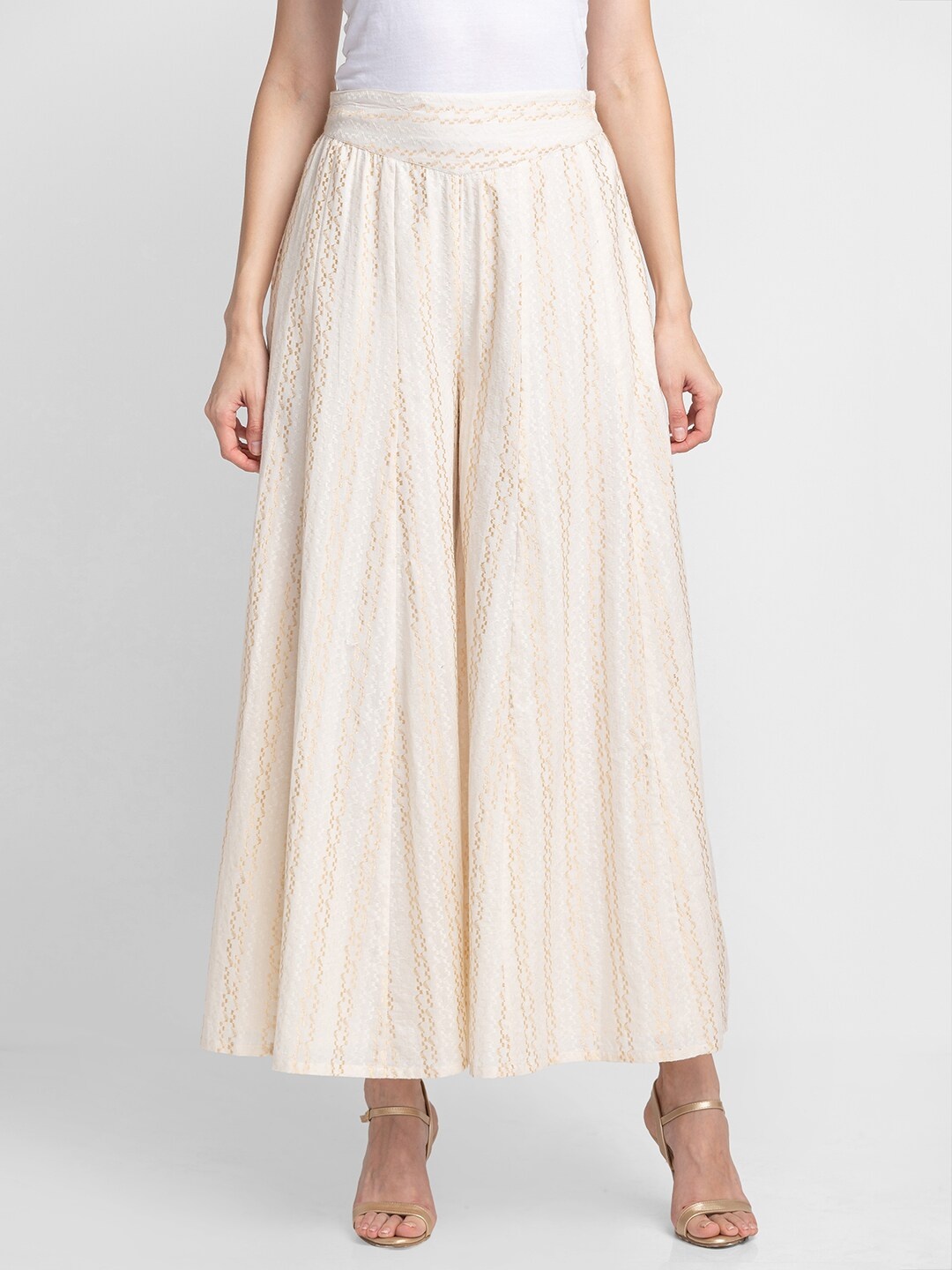 

Globus Women Off White Cotton Flared Ethnic Palazzos