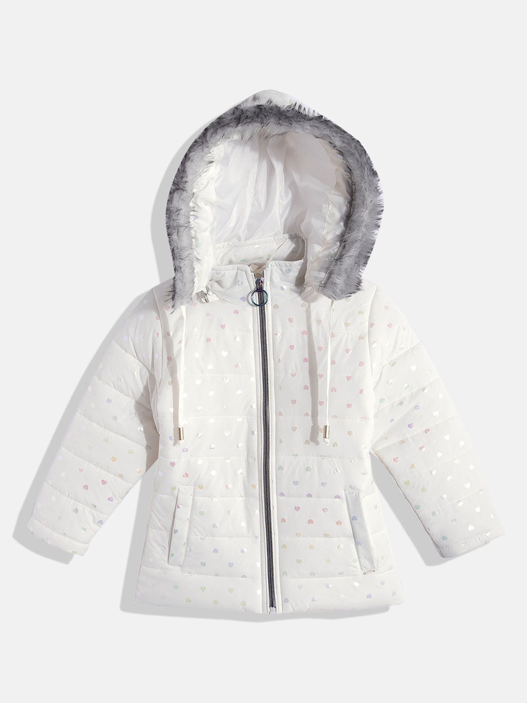 

Okane Girls White Heart Print Hooded Parka Jacket