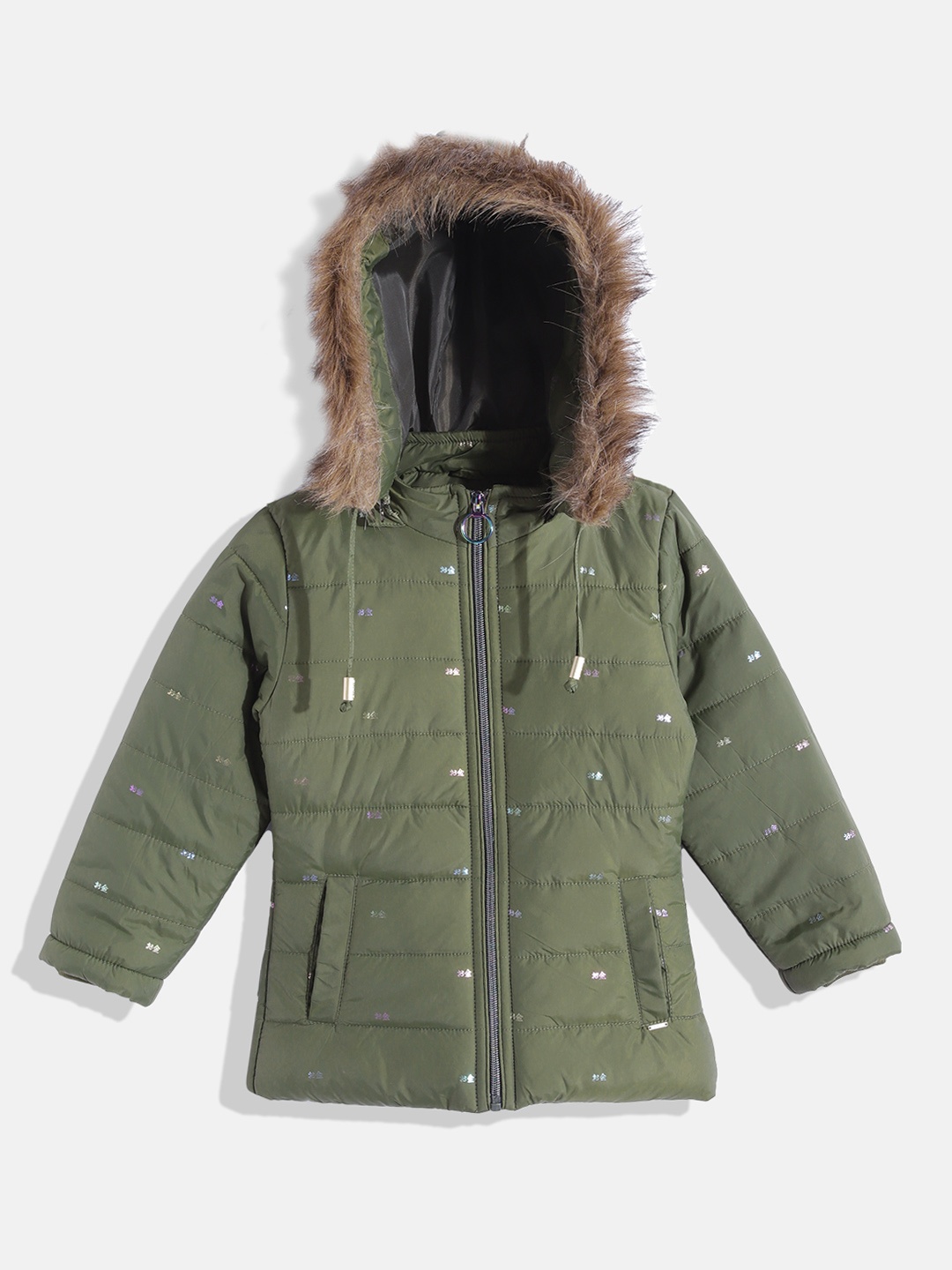 

Okane Girls Olive Green Printed Hooded Parka Jacket