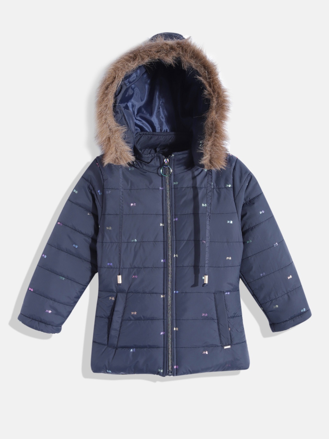 

Okane Girls Navy Blue Printed Hooded Parka Jacket
