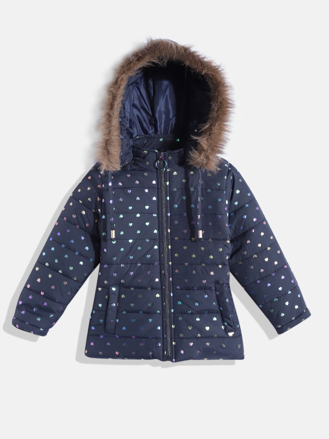 

Okane Girls Navy Blue Heart Print Hooded Parka Jacket