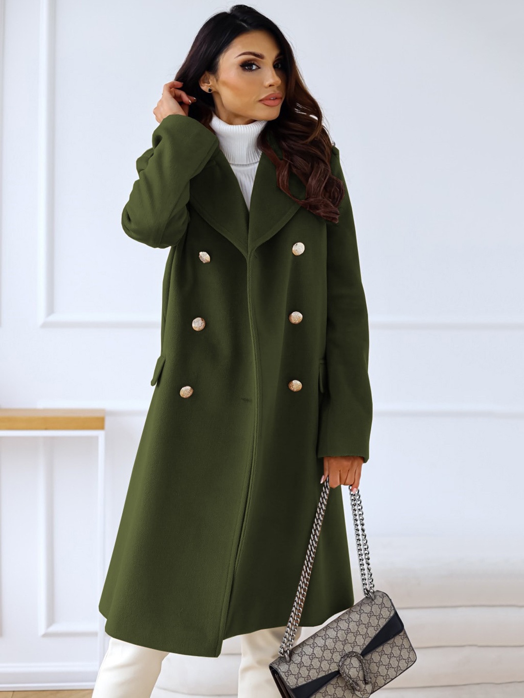 

BoStreet Women Olive Solid Double-Breasted Longline Coat