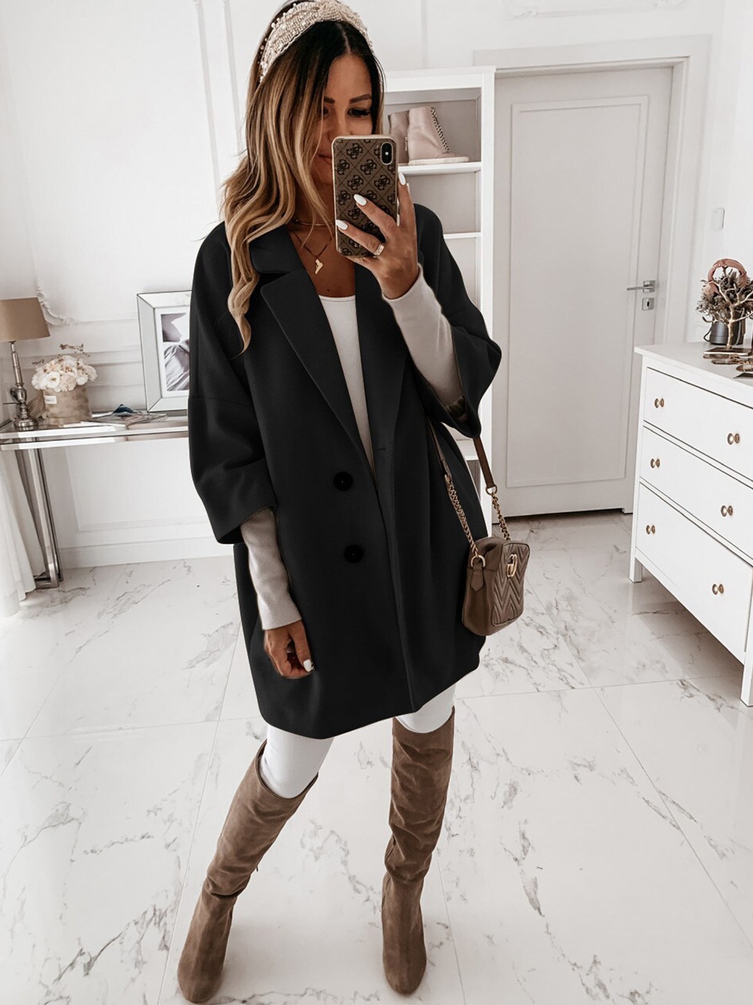 

BoStreet Women Black Solid Hip-Length Overcoat