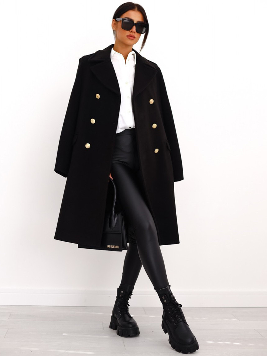 

BoStreet Women Black Solid Double-Breasted Longline Overcoat