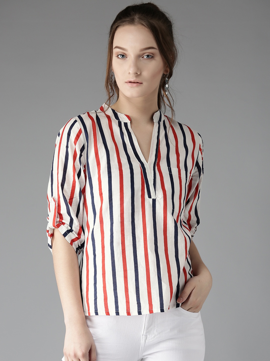 

HERE&NOW Women White & Navy Lightweight Striped Shirt Style Pure Cotton Top