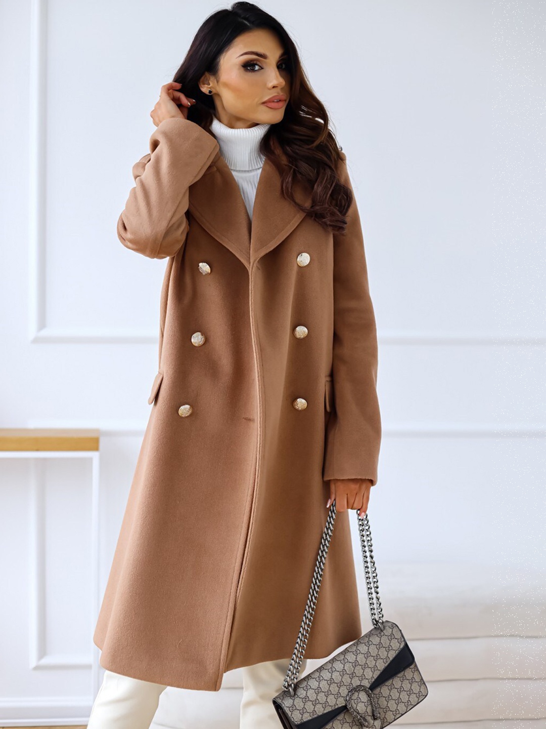 

BoStreet Women Khaki Solid Double-Breasted Longline Overcoat