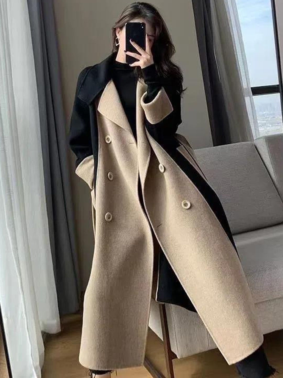 

BoStreet Women Black & Beige Colourblocked Single-Breasted Longline Overcoat
