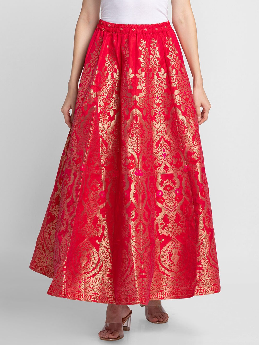 

Globus Women Red Brocade Printed Flared Maxi Skirt