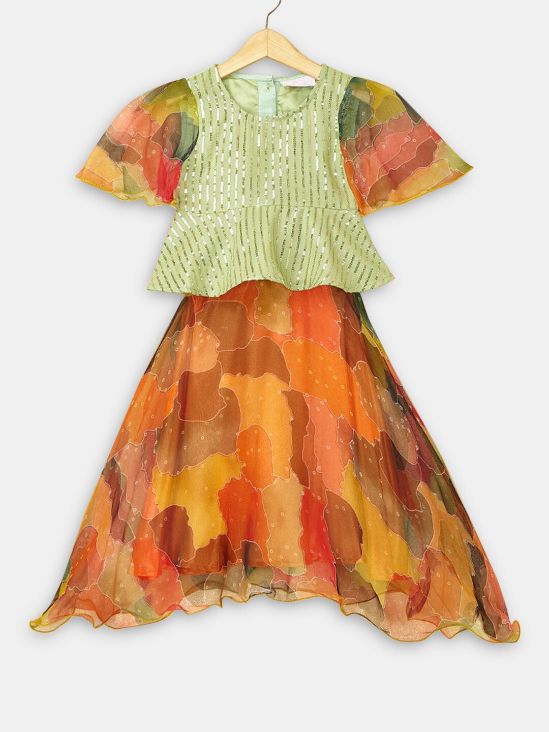 

Hopscotch Girls Green & Orange Embellished Ready to Wear Lehenga Choli