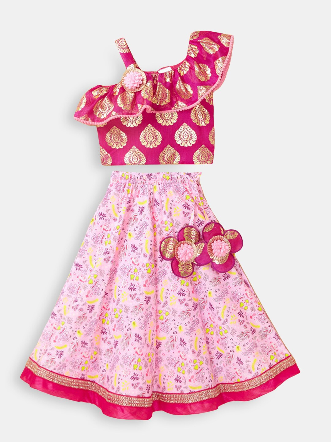 

Hopscotch Girls Pink & Gold-Toned Printed Foil Print Ready to Wear Lehenga Choli