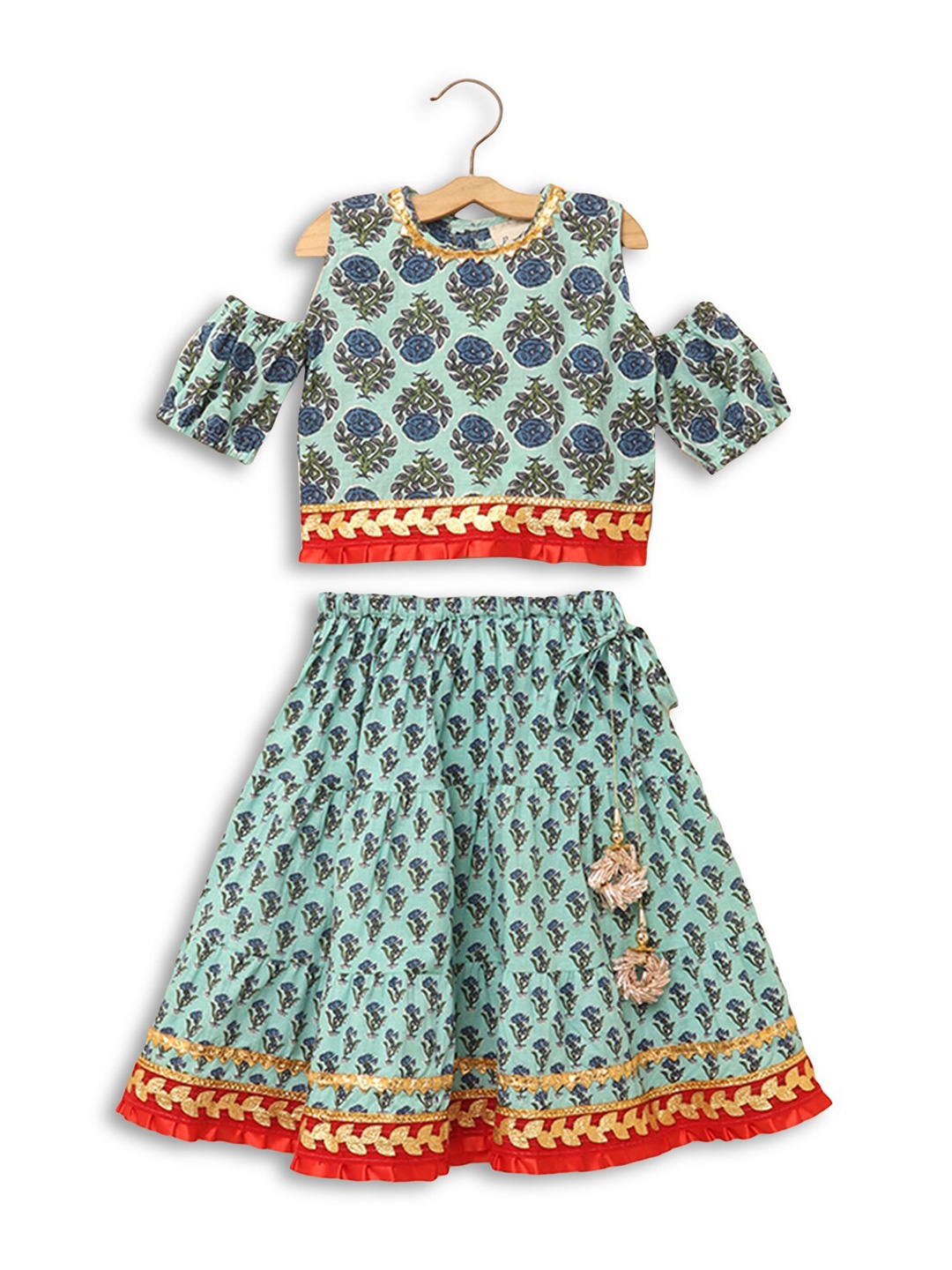 

Hopscotch Girls Blue & Red Cotton Printed Ready to Wear Lehenga Choli