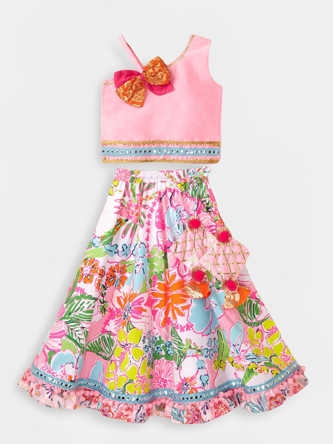 

Hopscotch Girls Pink & White Embellished Ready to Wear Lehenga Choli