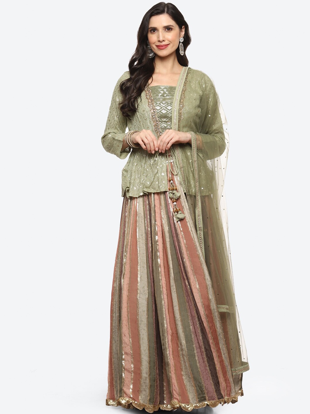 

Meena Bazaar Green & Pink Ready to Wear Lehenga & Blouse With Dupatta & With Jacket