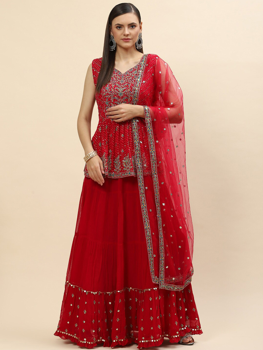 

Meena Bazaar Pink & Silver-Toned Embellished Ready to Wear Lehenga & Blouse With Dupatta