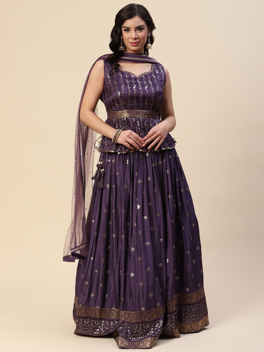 

Meena Bazaar Purple & Gold-Toned Embroidered Ready to Wear Lehenga & Blouse With Dupatta