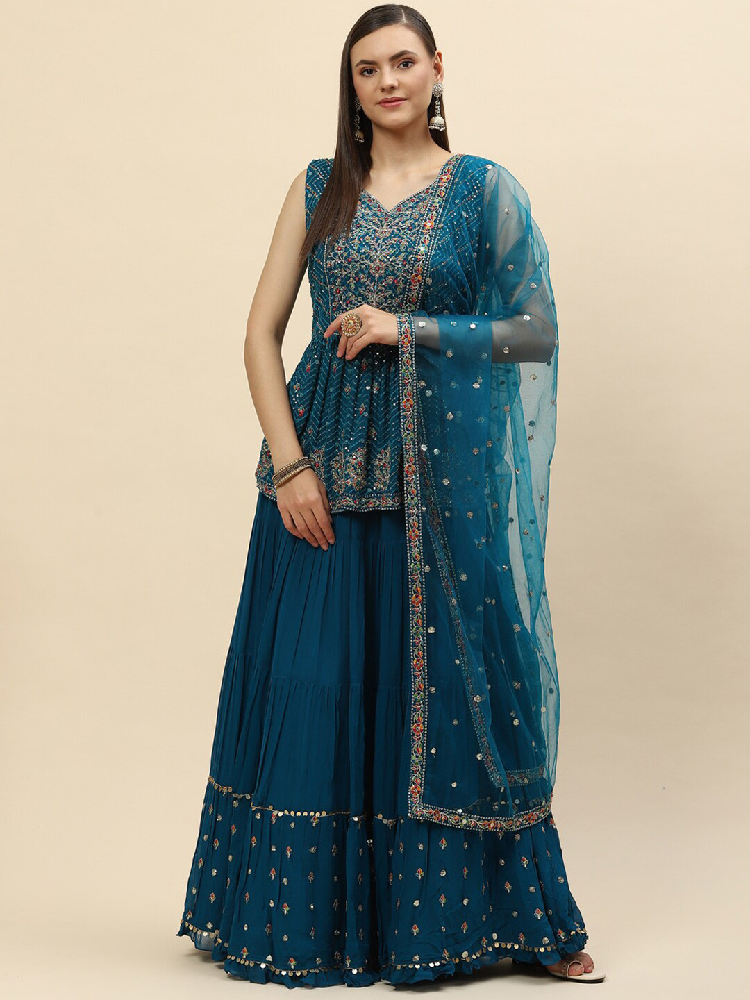 

Meena Bazaar Teal & Gold-Toned Embroidered Ready to Wear Lehenga & Blouse With Dupatta