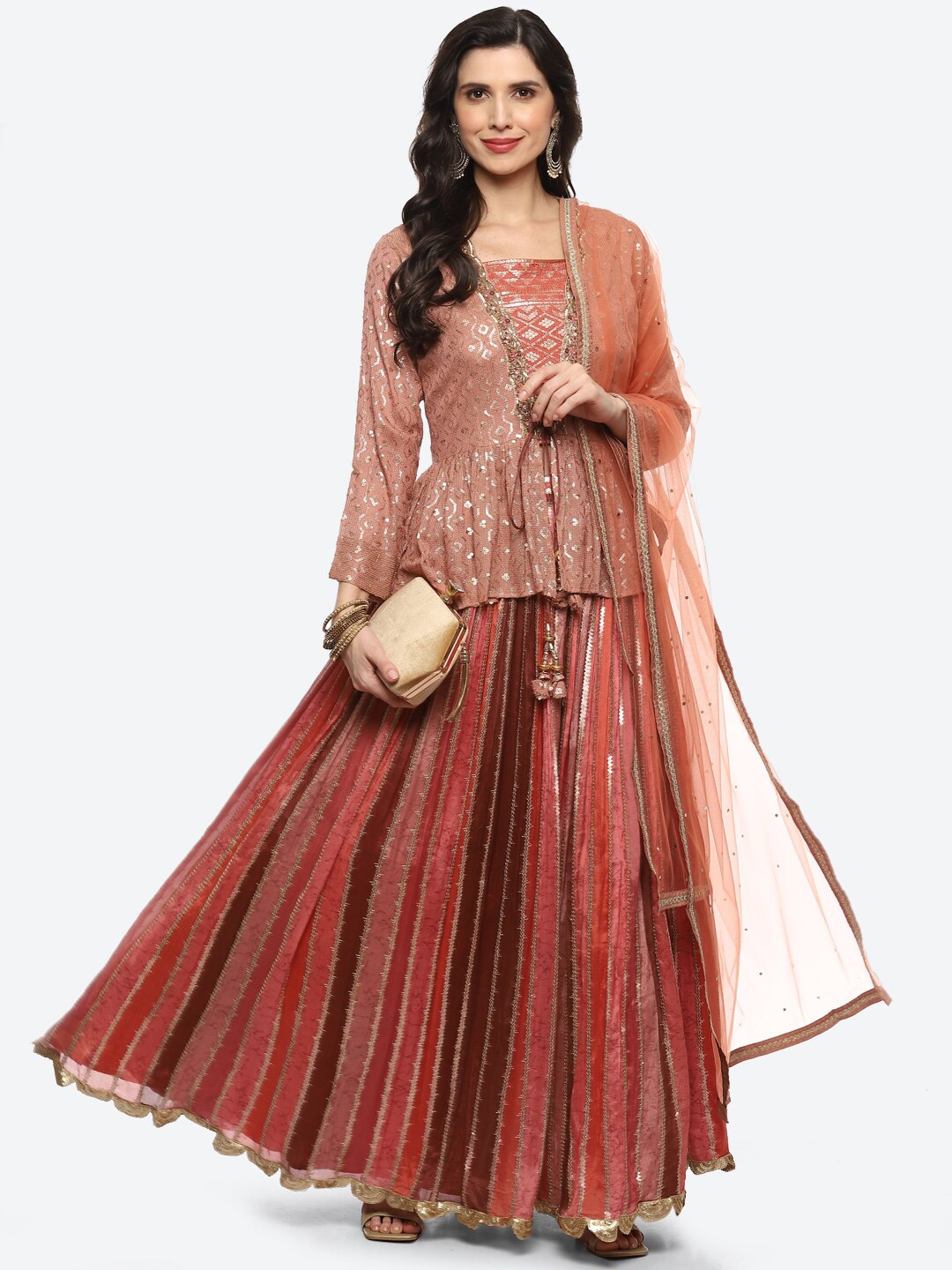 

Meena Bazaar Rust & Gold-Toned Ready to Wear Lehenga & Blouse With Dupatta & With Jacket