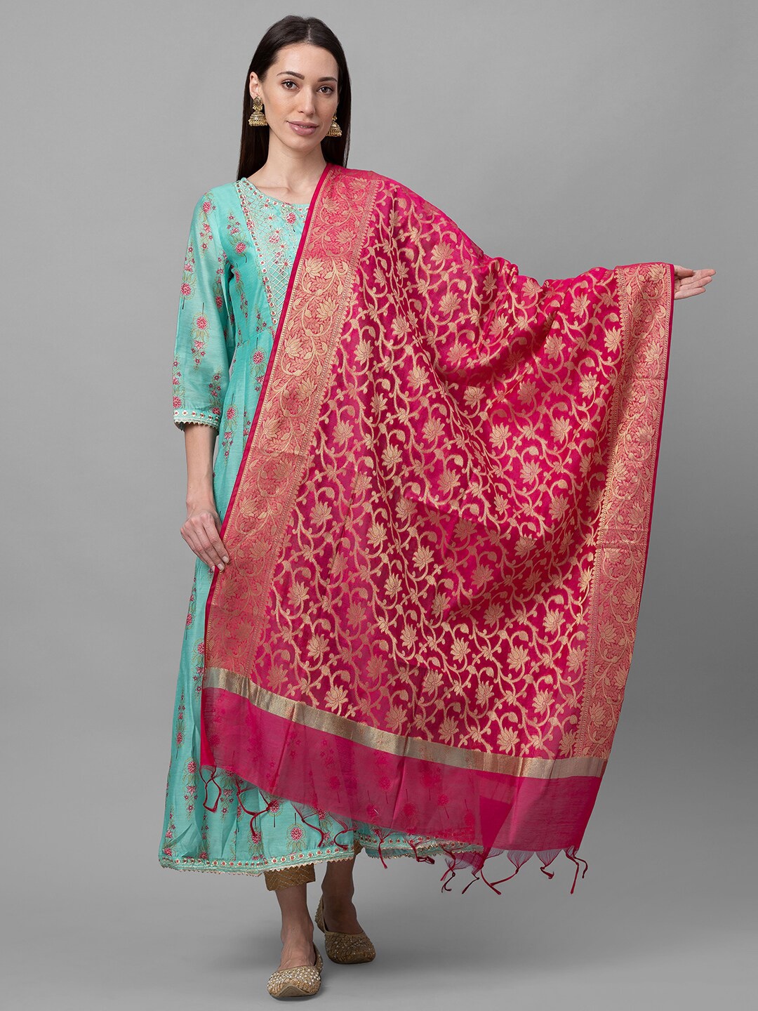 

Globus Pink & Gold-Toned Ethnic Motifs Woven Design Dupatta with Zari