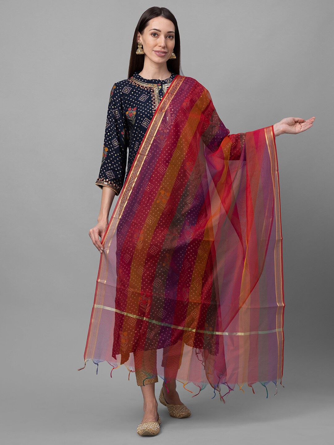 

Globus Purple & Orange Striped Dupatta with Zari
