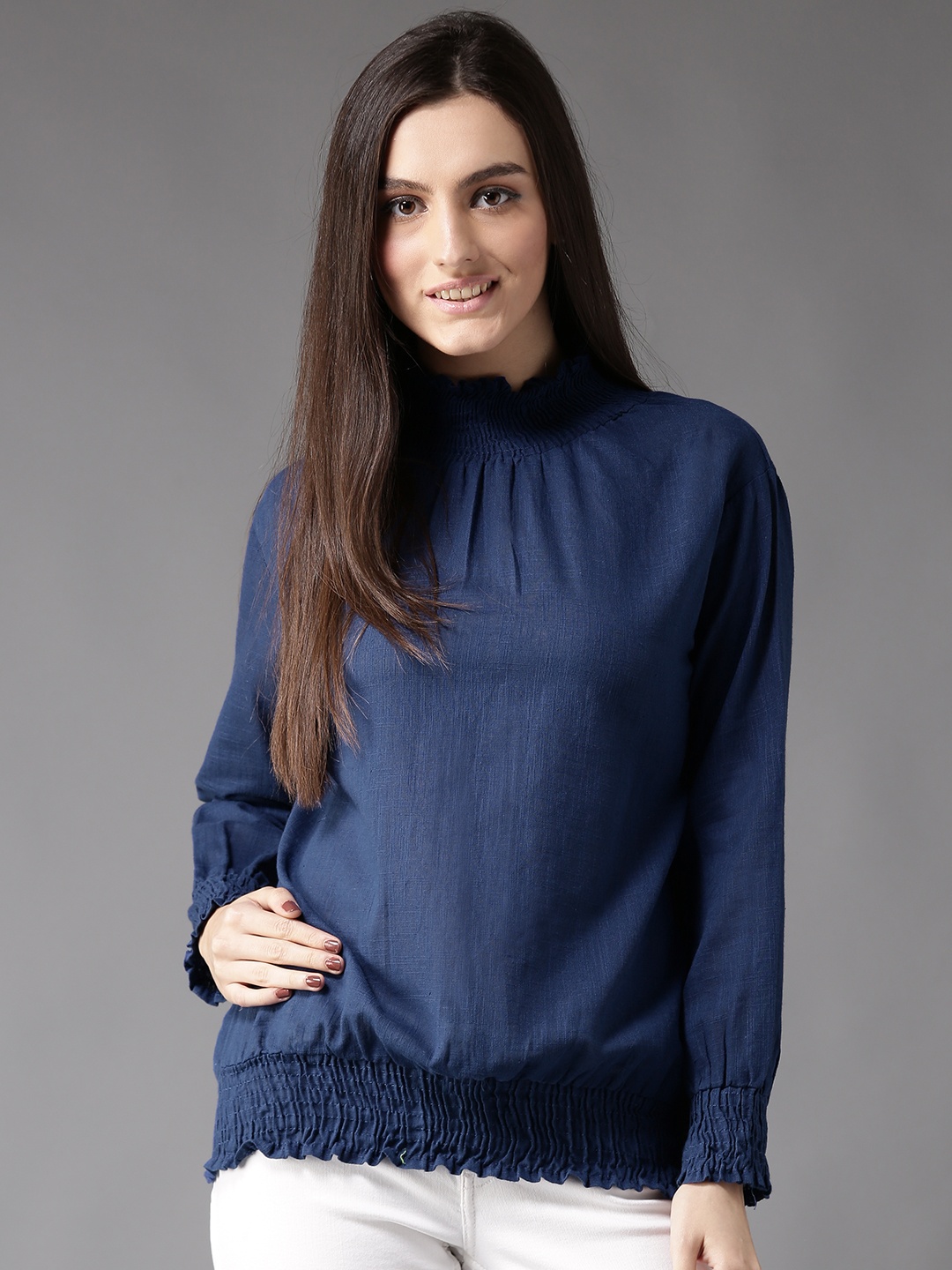 

HERE&NOW Women Blue Solid Blouson Pure Cotton Top with Gathers